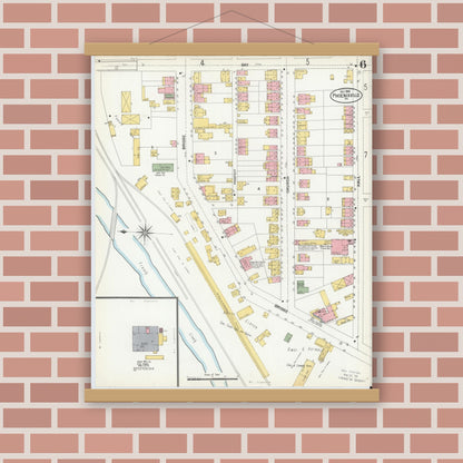 Old map wall art mockup — magnetic wood frame on brick wall — Sanborn Fire Insurance Map from Phoenixville, Chester County, Pennsylvania (1900), Sheet #0006