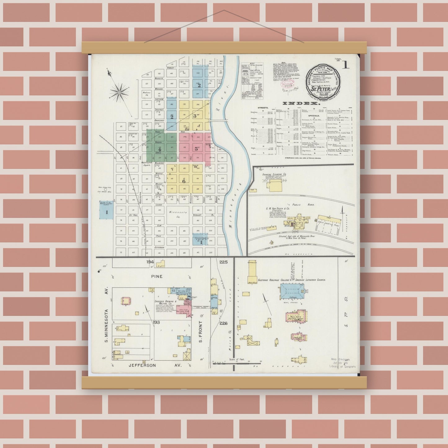 Old map wall art mockup — magnetic wood frame on brick wall — Sanborn Fire Insurance Map from Saint Peter, Nicollet County, Minnesota (1894), Sheet #0001