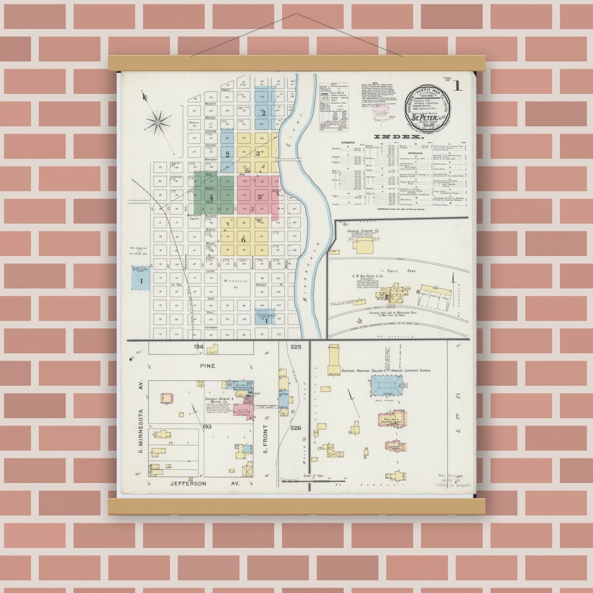 Old map wall art mockup — magnetic wood frame on brick wall — Sanborn Fire Insurance Map from Saint Peter, Nicollet County, Minnesota (1894), Sheet #0001