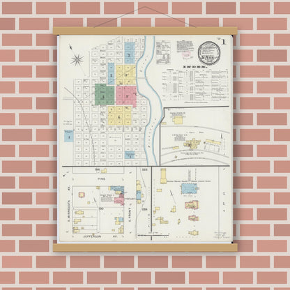 Old map wall art mockup — magnetic wood frame on brick wall — Sanborn Fire Insurance Map from Saint Peter, Nicollet County, Minnesota (1894), Sheet #0001