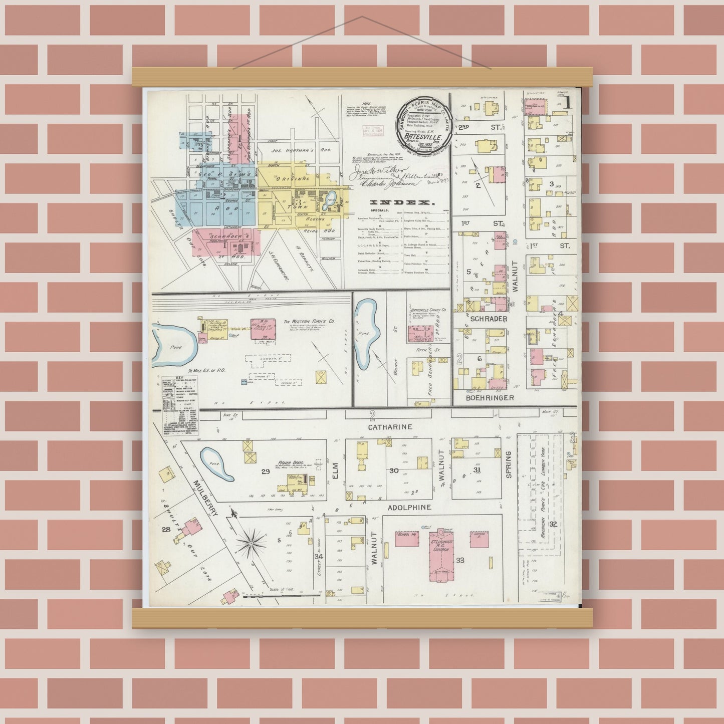 Old map wall art mockup — magnetic wood frame on brick wall — Sanborn Fire Insurance Map from Batesville, Ripley County, Indiana (1892), Sheet #0001