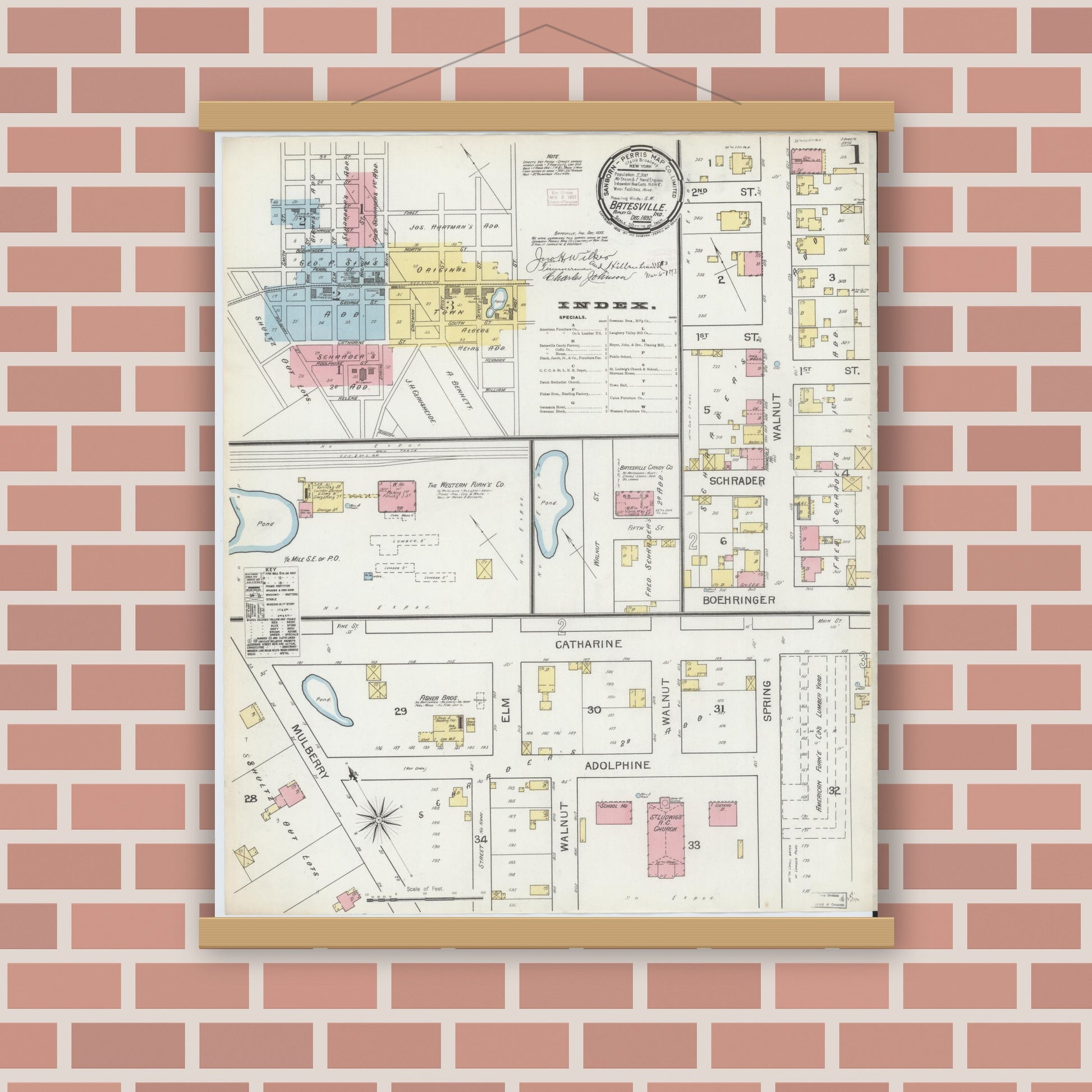 Old map wall art mockup — magnetic wood frame on brick wall — Sanborn Fire Insurance Map from Batesville, Ripley County, Indiana (1892), Sheet #0001