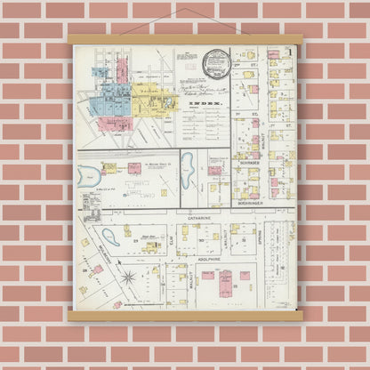Old map wall art mockup — magnetic wood frame on brick wall — Sanborn Fire Insurance Map from Batesville, Ripley County, Indiana (1892), Sheet #0001