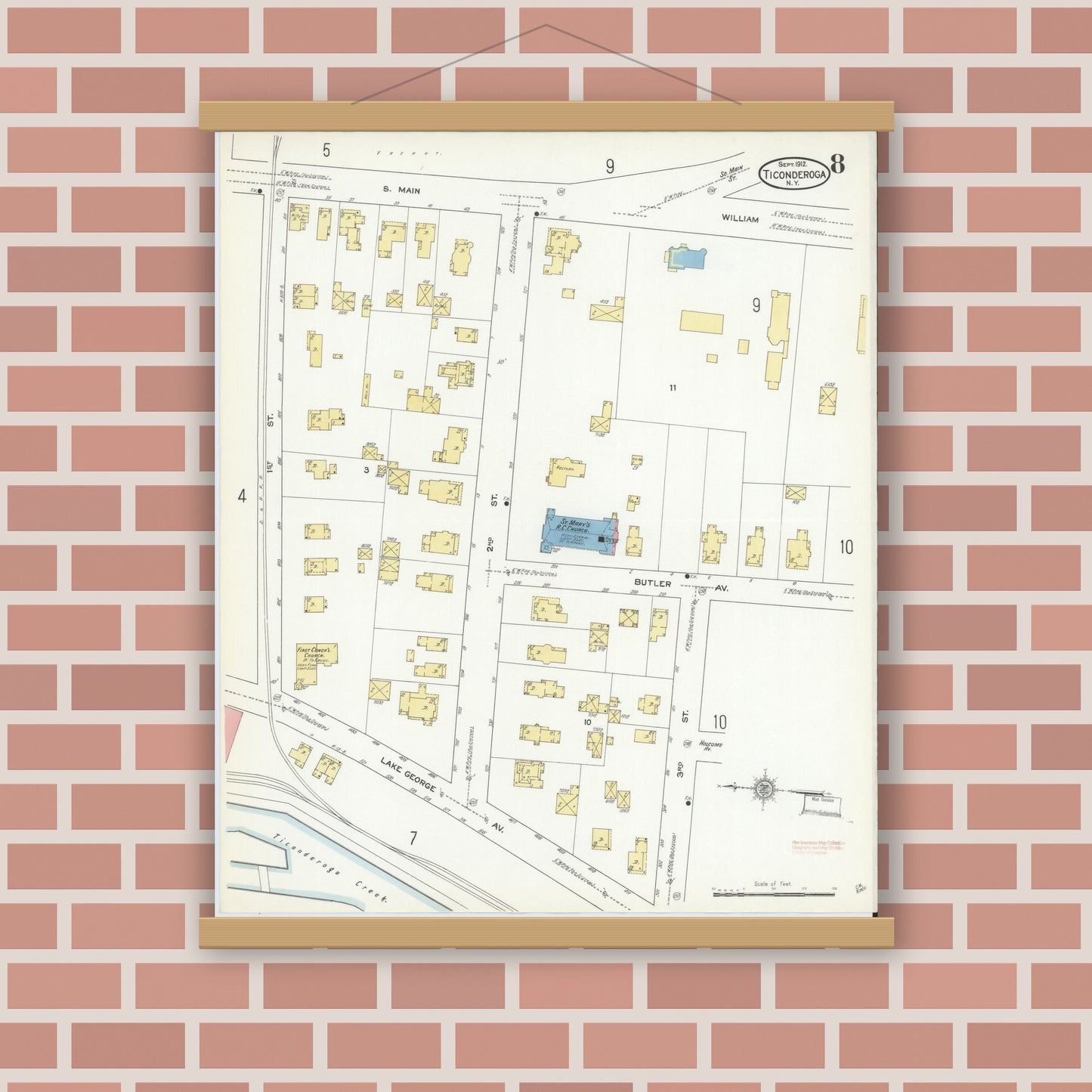 Old map wall art mockup — magnetic wood frame on brick wall — Sanborn Fire Insurance Map from Ticonderoga, Essex County, New York (1912), Sheet #0008