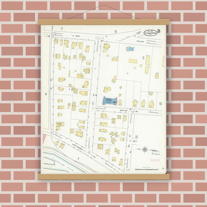 Old map wall art mockup — magnetic wood frame on brick wall — Sanborn Fire Insurance Map from Ticonderoga, Essex County, New York (1912), Sheet #0008