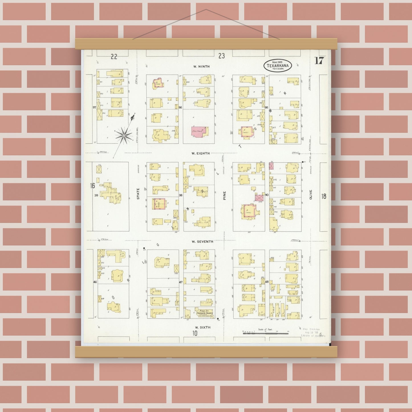 Old map wall art mockup — magnetic wood frame on brick wall — Sanborn Fire Insurance Map from Texarkana, Bowie County, Texas (1909), Sheet #0017