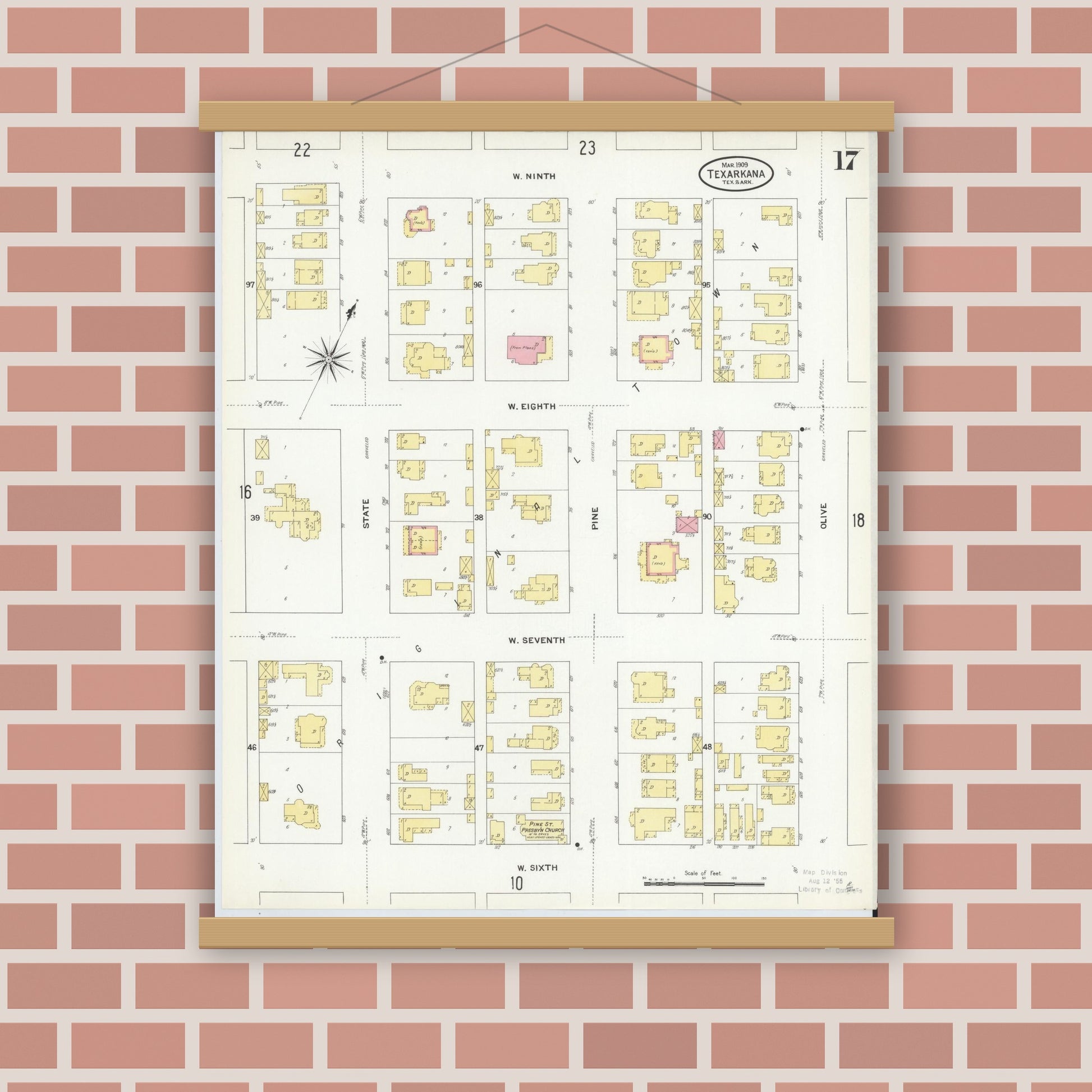 Old map wall art mockup — magnetic wood frame on brick wall — Sanborn Fire Insurance Map from Texarkana, Bowie County, Texas (1909), Sheet #0017