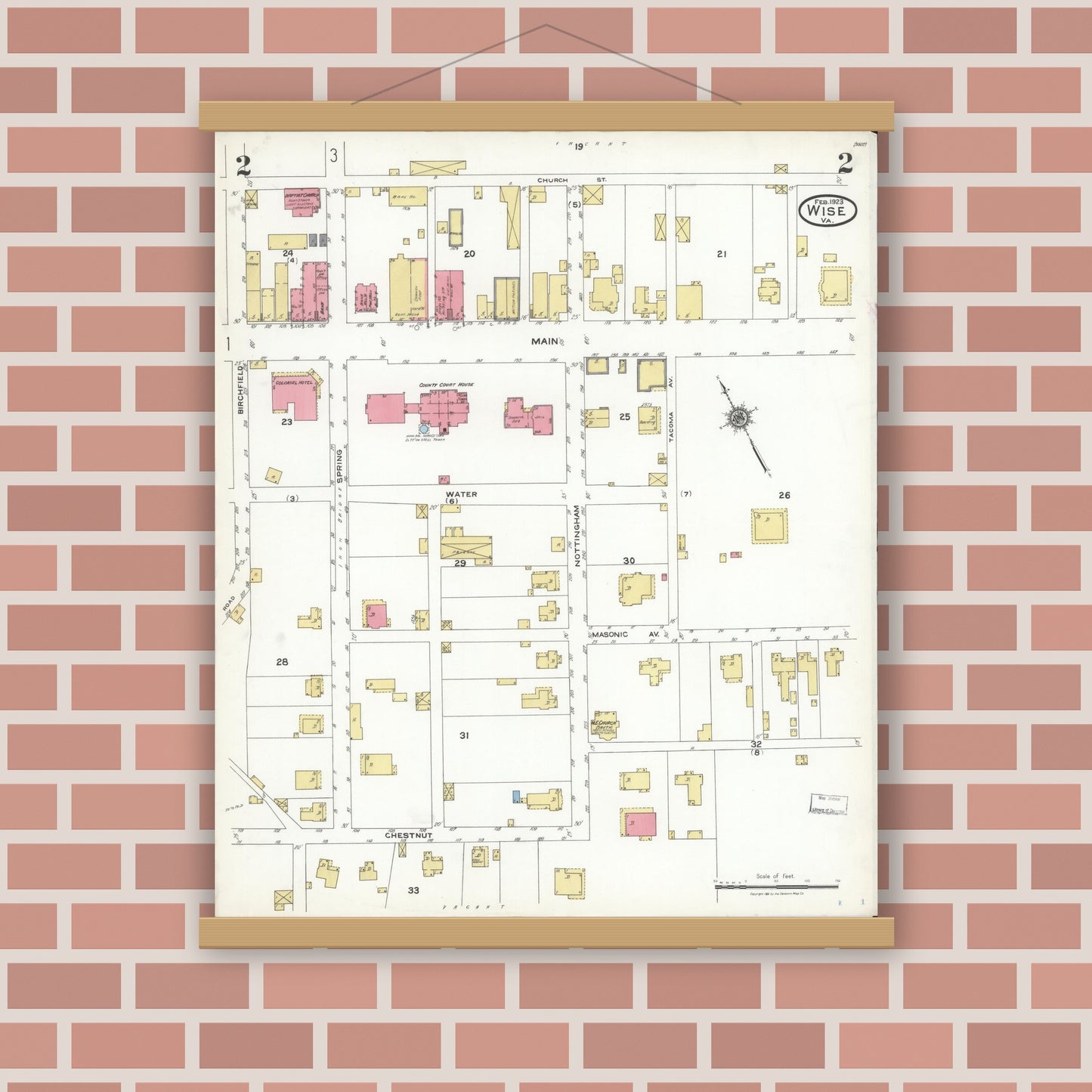 Old map wall art mockup — magnetic wood frame on brick wall — Sanborn Fire Insurance Map from Wise, Wise County, Virginia (1923), Sheet #0002