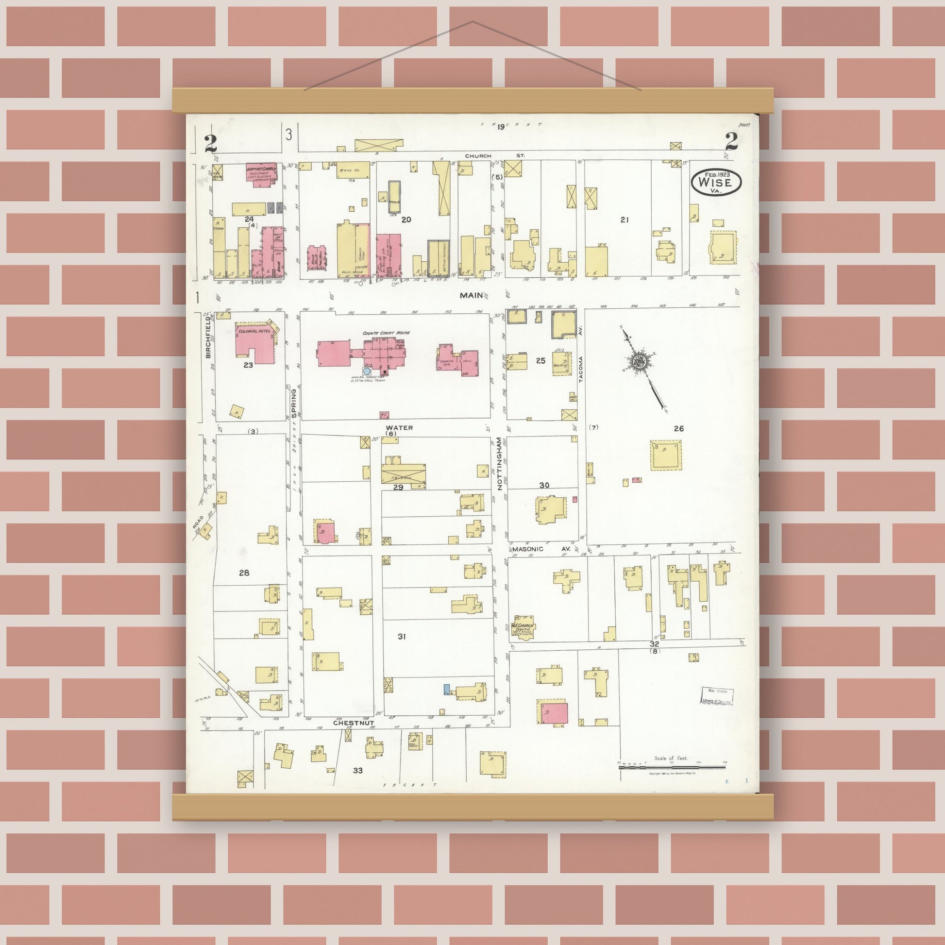 Old map wall art mockup — magnetic wood frame on brick wall — Sanborn Fire Insurance Map from Wise, Wise County, Virginia (1923), Sheet #0002
