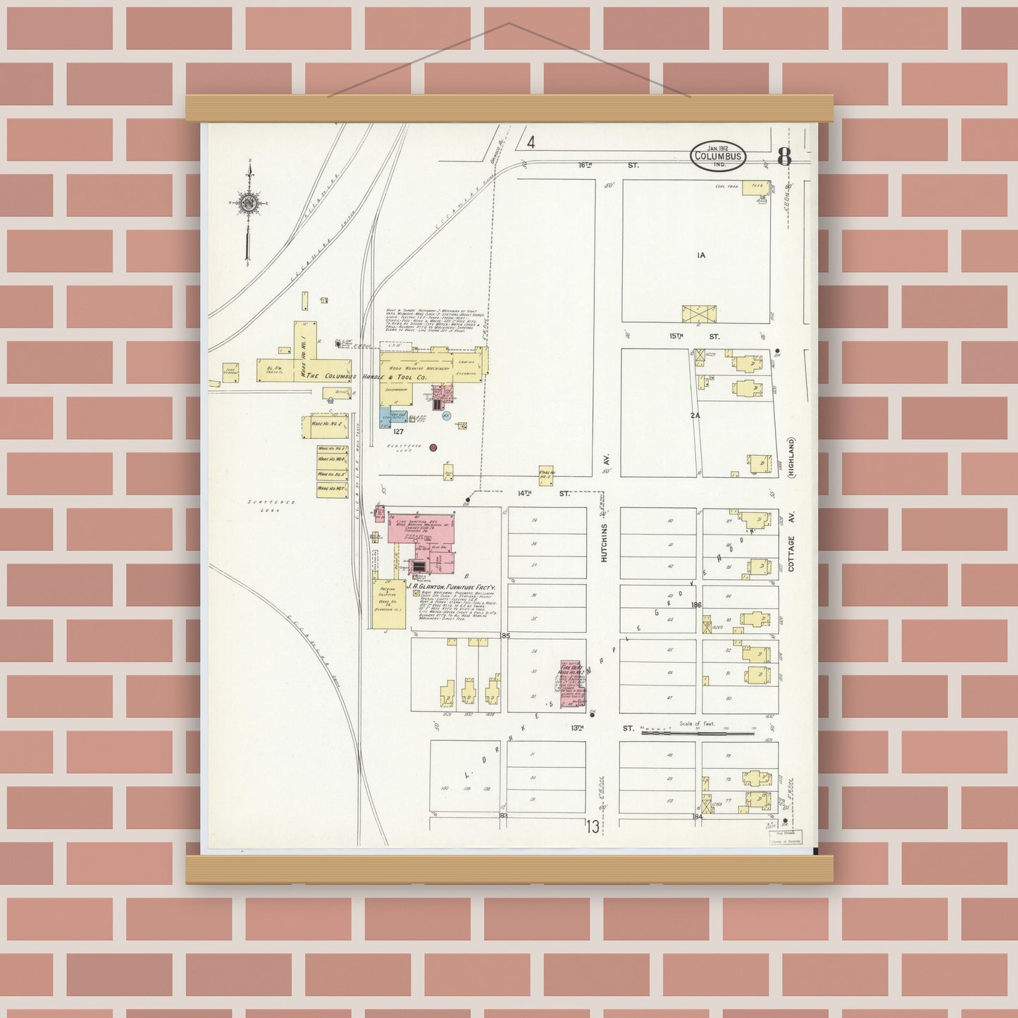 Old map wall art mockup — magnetic wood frame on brick wall — Sanborn Fire Insurance Map from Columbus, Bartholomew County, Indiana (1912), Sheet #0008