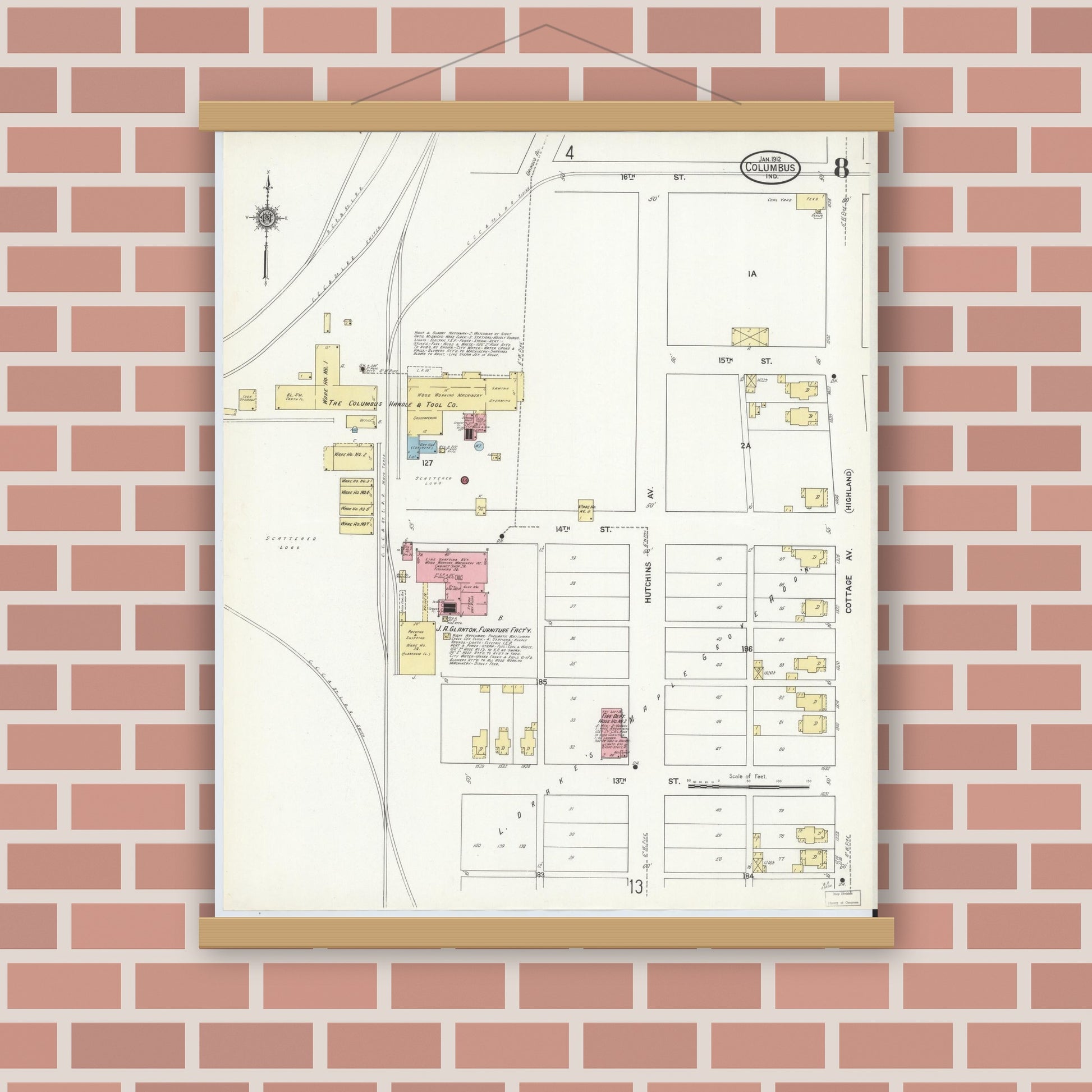 Old map wall art mockup — magnetic wood frame on brick wall — Sanborn Fire Insurance Map from Columbus, Bartholomew County, Indiana (1912), Sheet #0008