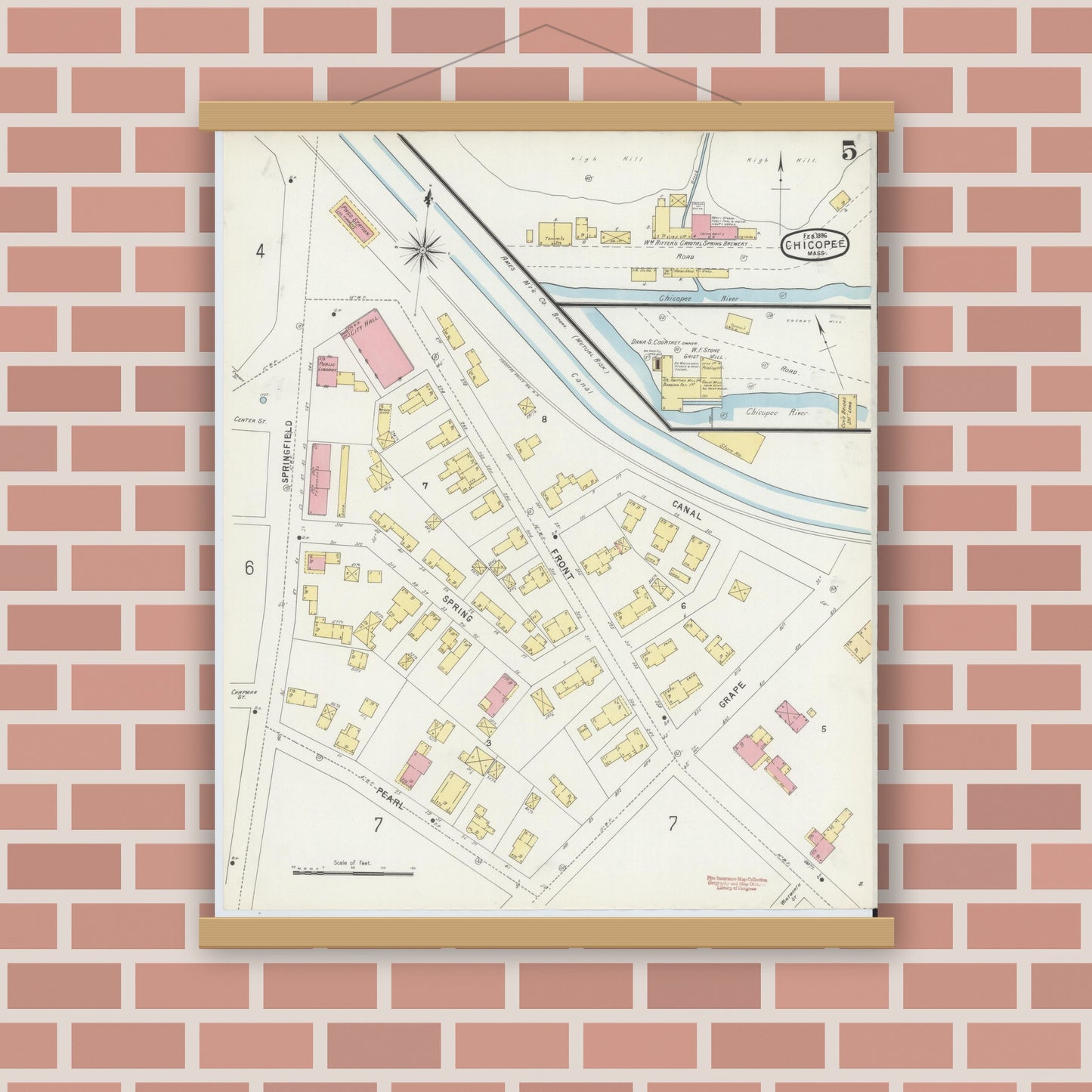 Old map wall art mockup — magnetic wood frame on brick wall — Sanborn Fire Insurance Map from Chicopee, Hampden County, Massachusetts (1896), Sheet #0005