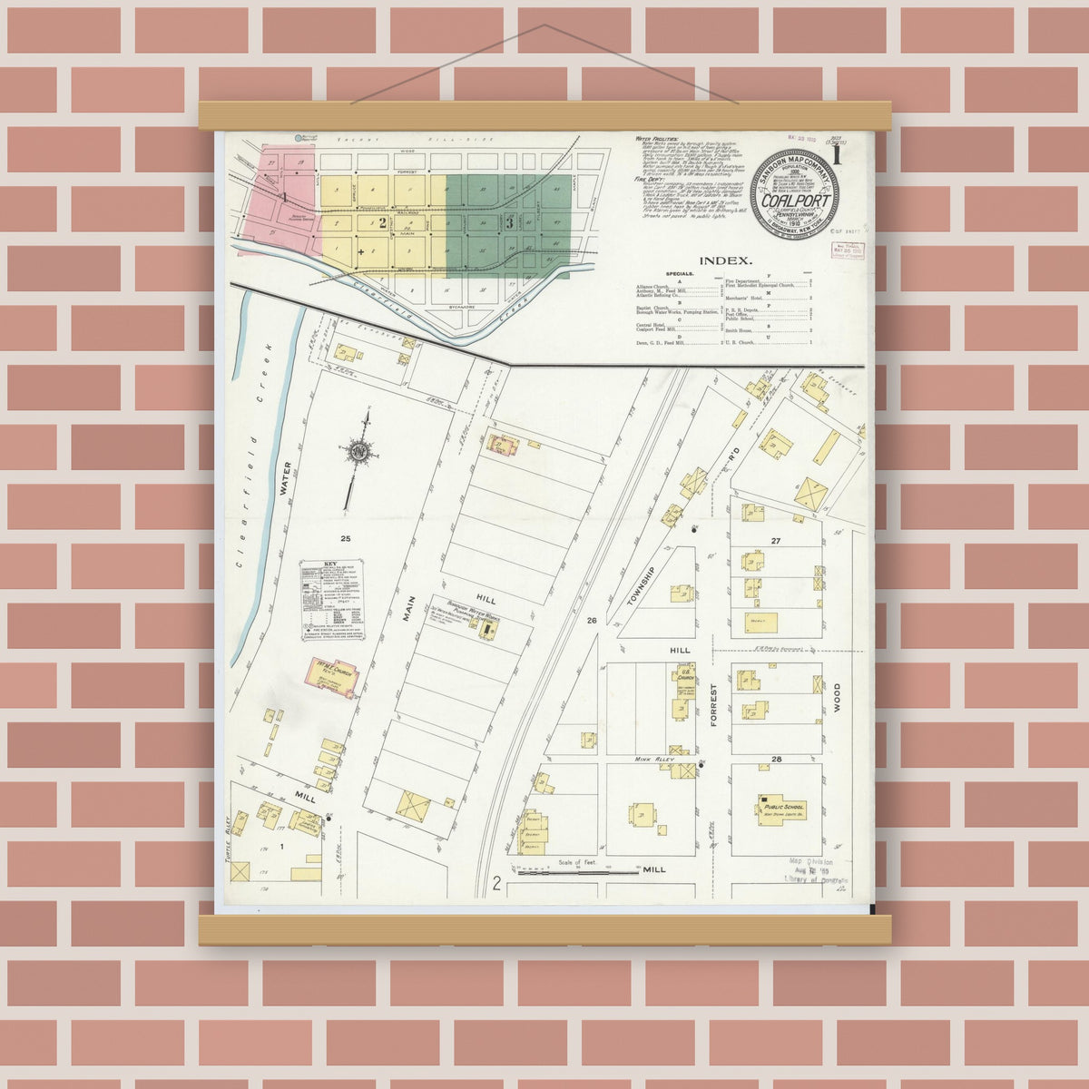 Old map wall art mockup — magnetic wood frame on brick wall — Sanborn Fire Insurance Map from Coalport, Clearfield County, Pennsylvania (1910) - Complete Map Set