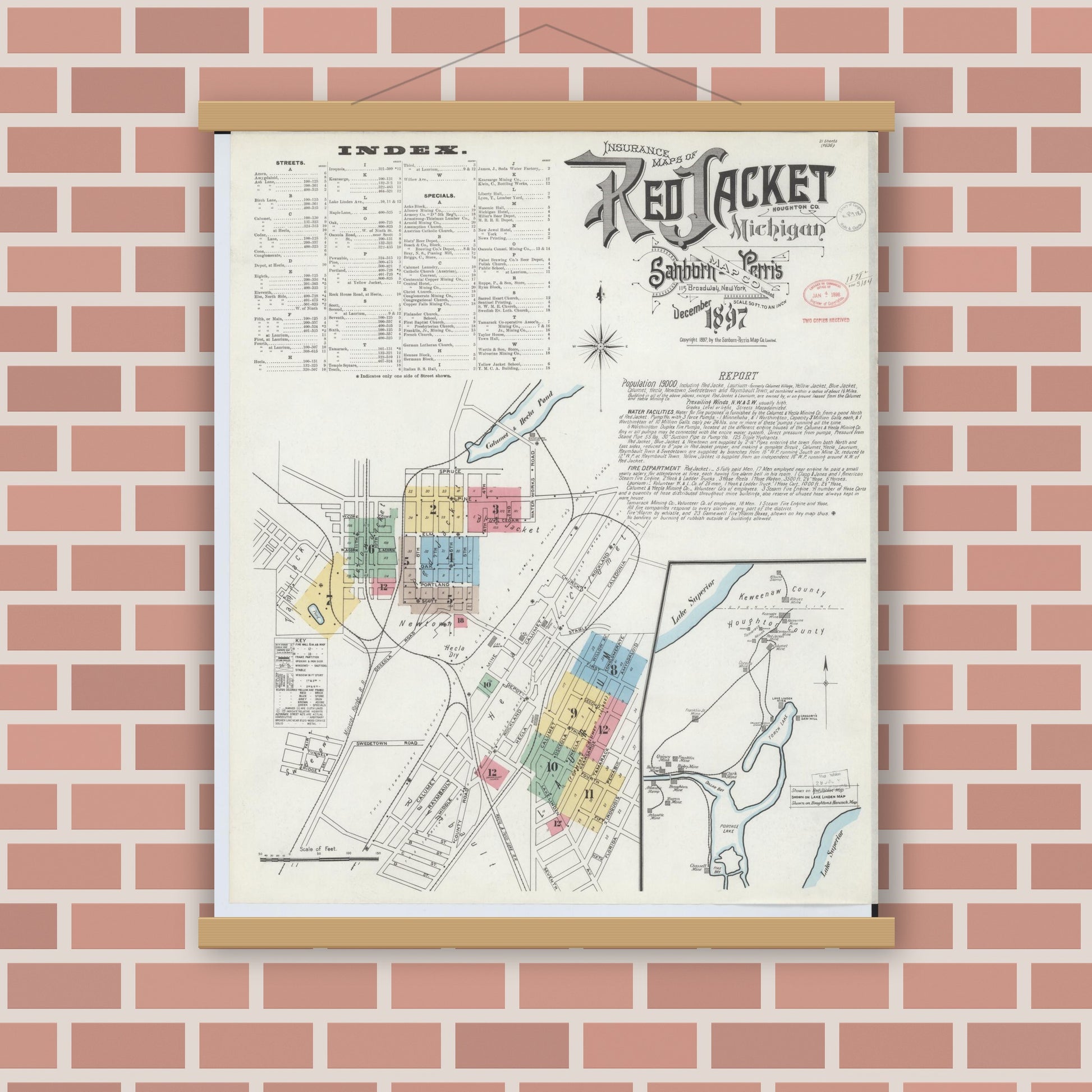 Old map wall art mockup — magnetic wood frame on brick wall — Sanborn Fire Insurance Map from Red Jacket, Houghton County, Michigan (1897) - Complete Map Set
