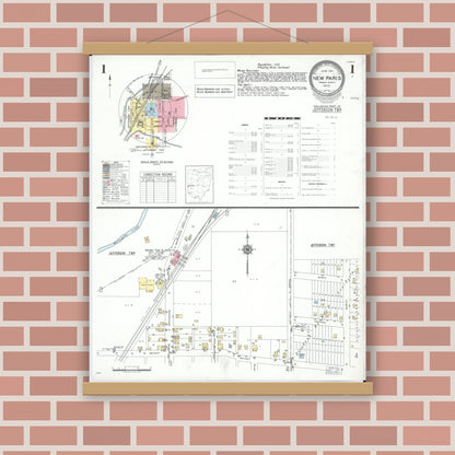Old map wall art mockup — magnetic wood frame on brick wall — Sanborn Fire Insurance Map from New Paris, Preble County, Ohio (1951) - Complete Map Set