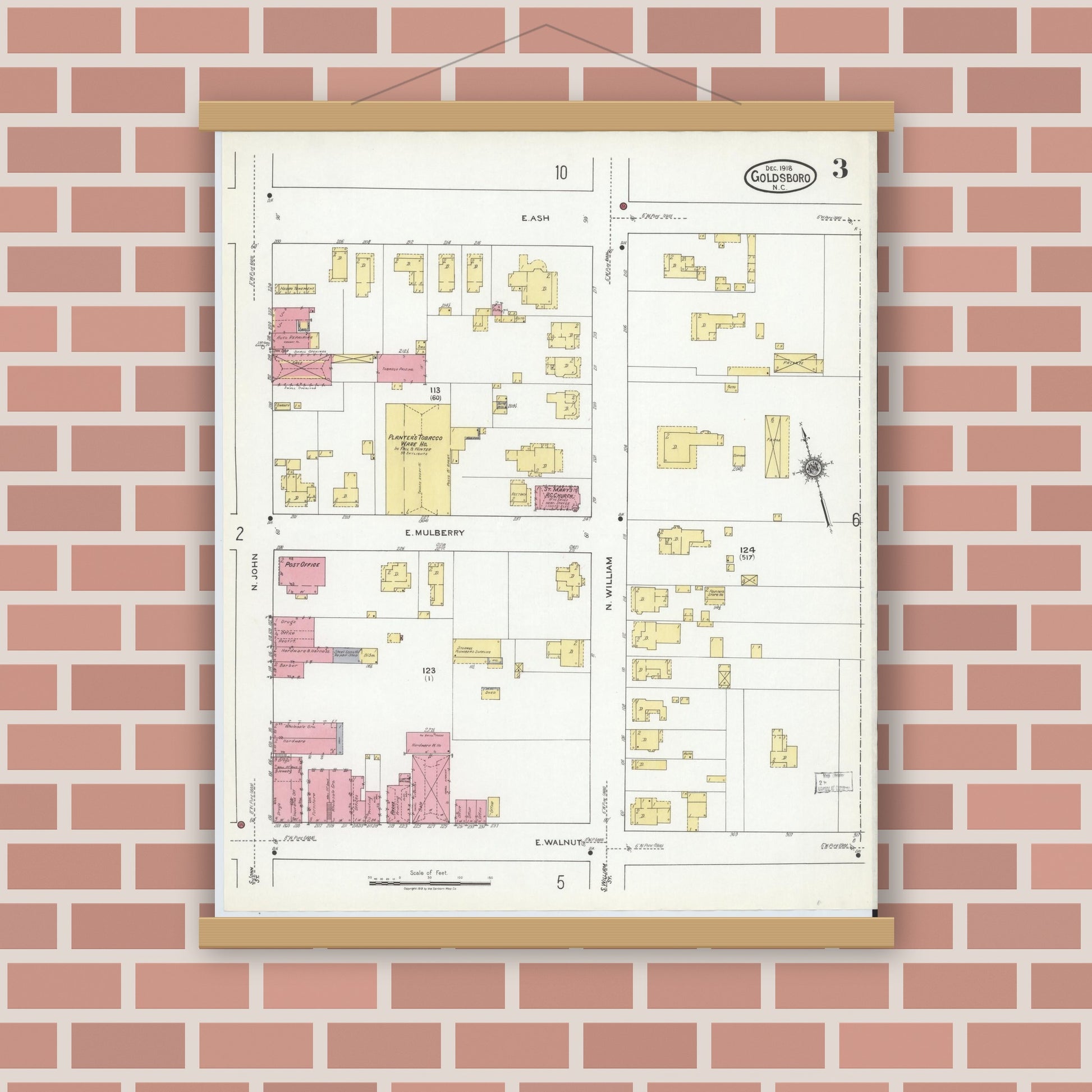 Old map wall art mockup — magnetic wood frame on brick wall — Sanborn Fire Insurance Map from Goldsboro, Wayne County, North Carolina (1918), Sheet #0003