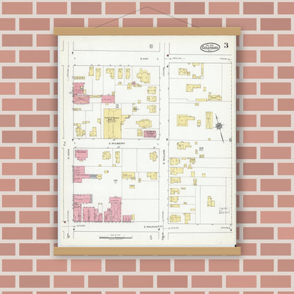 Old map wall art mockup — magnetic wood frame on brick wall — Sanborn Fire Insurance Map from Goldsboro, Wayne County, North Carolina (1918), Sheet #0003