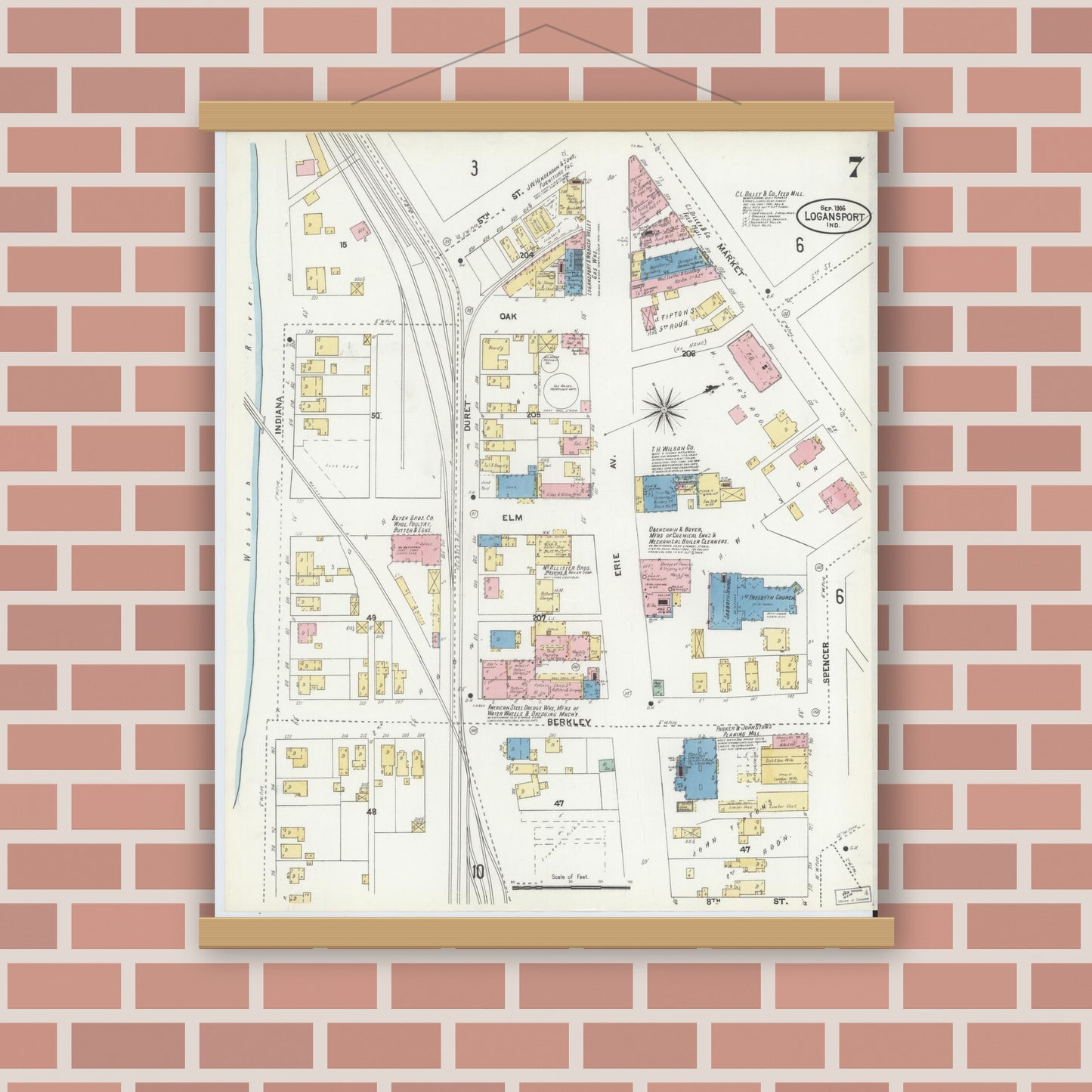 Old map wall art mockup — magnetic wood frame on brick wall — Sanborn Fire Insurance Map from Logansport, Cass County, Indiana (1906), Sheet #0007