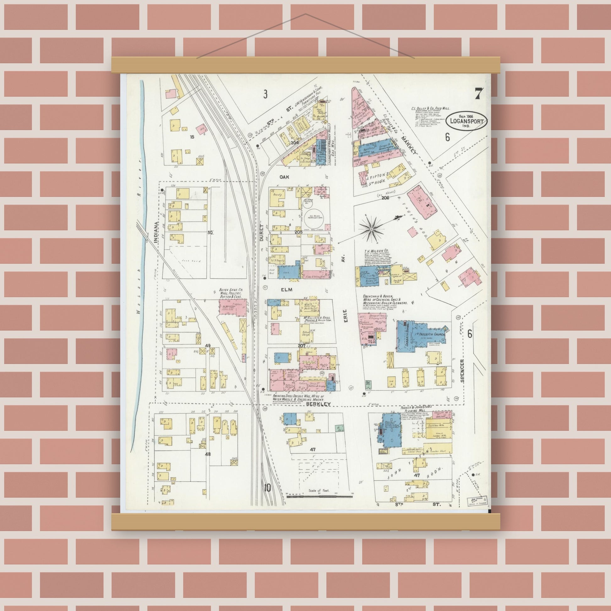 Old map wall art mockup — magnetic wood frame on brick wall — Sanborn Fire Insurance Map from Logansport, Cass County, Indiana (1906), Sheet #0007