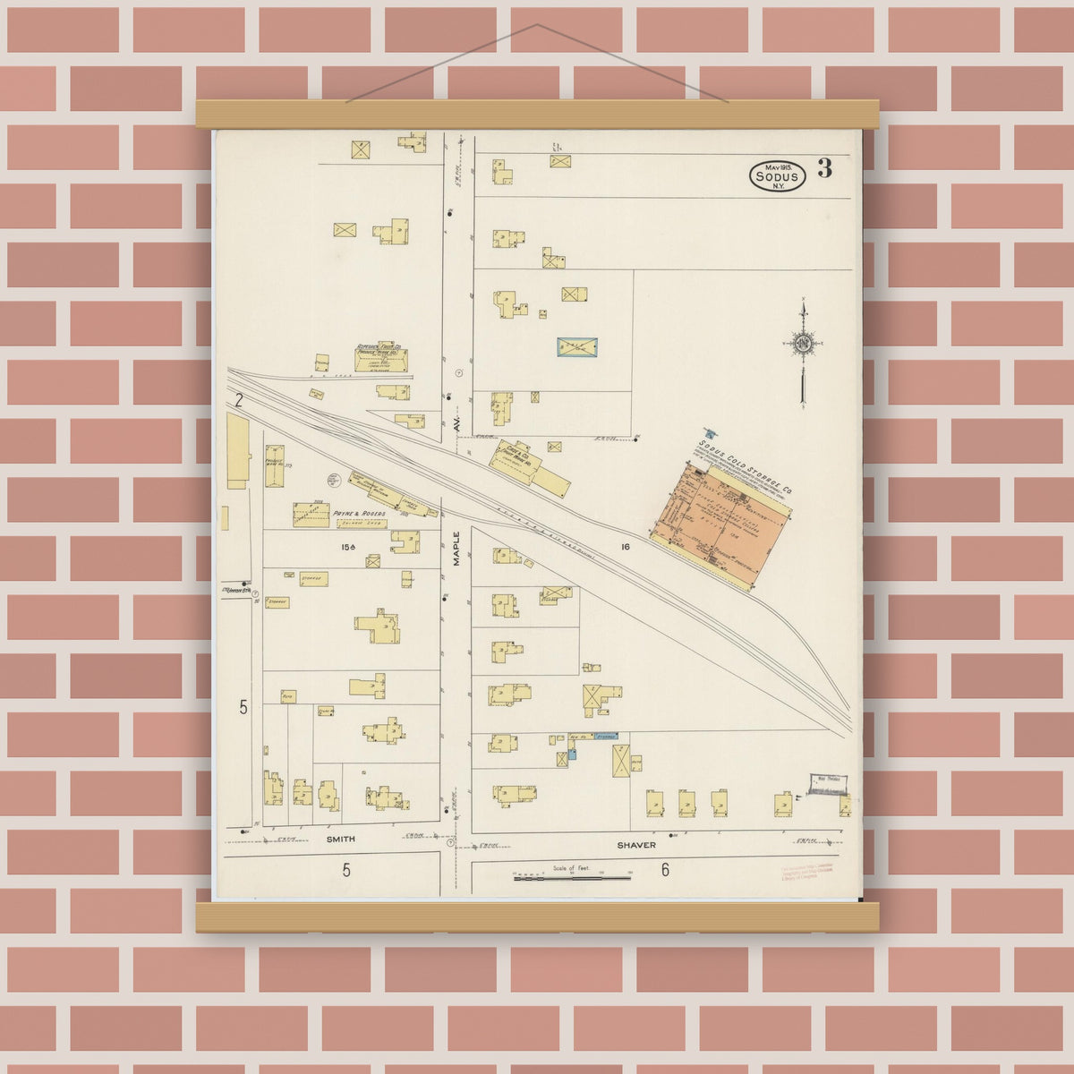 Old map wall art mockup — magnetic wood frame on brick wall — Sanborn Fire Insurance Map from Sodus, Wayne County, New York (1915), Sheet #0003