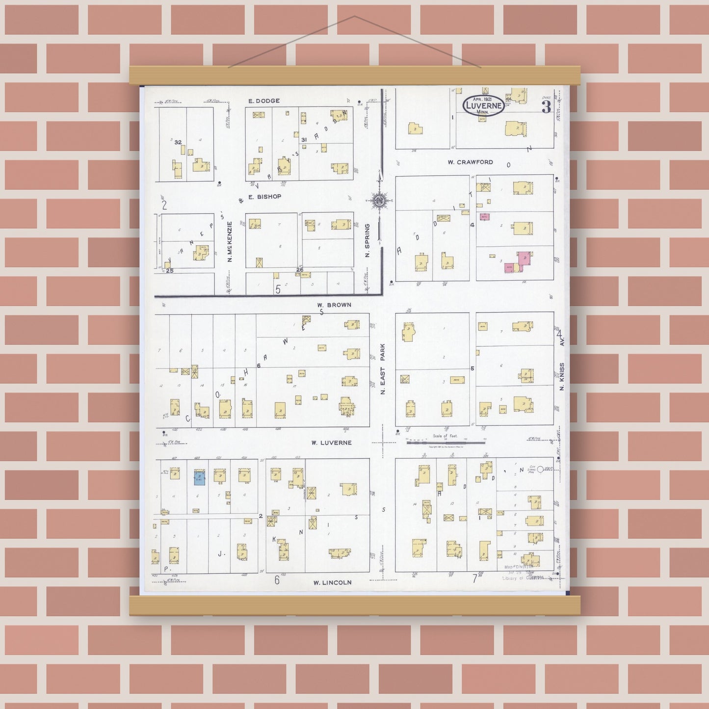 Old map wall art mockup — magnetic wood frame on brick wall — Sanborn Fire Insurance Map from Luverne, Rock County, Minnesota (1921), Sheet #0003
