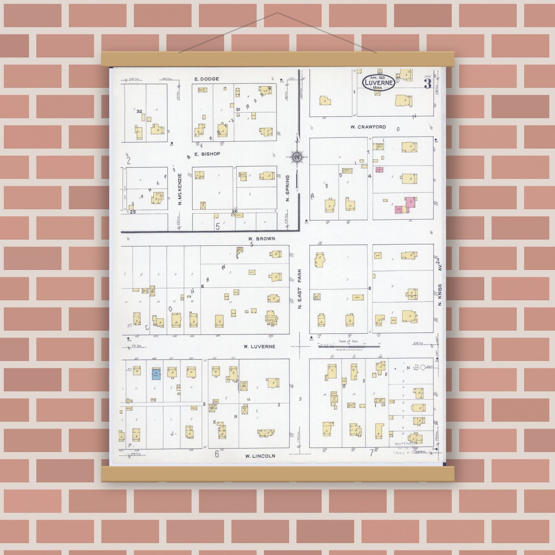 Old map wall art mockup — magnetic wood frame on brick wall — Sanborn Fire Insurance Map from Luverne, Rock County, Minnesota (1921), Sheet #0003