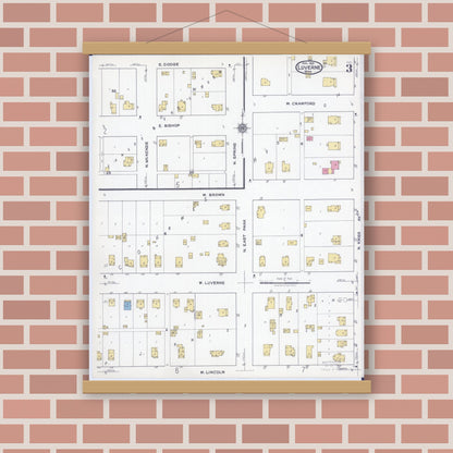Old map wall art mockup — magnetic wood frame on brick wall — Sanborn Fire Insurance Map from Luverne, Rock County, Minnesota (1921), Sheet #0003