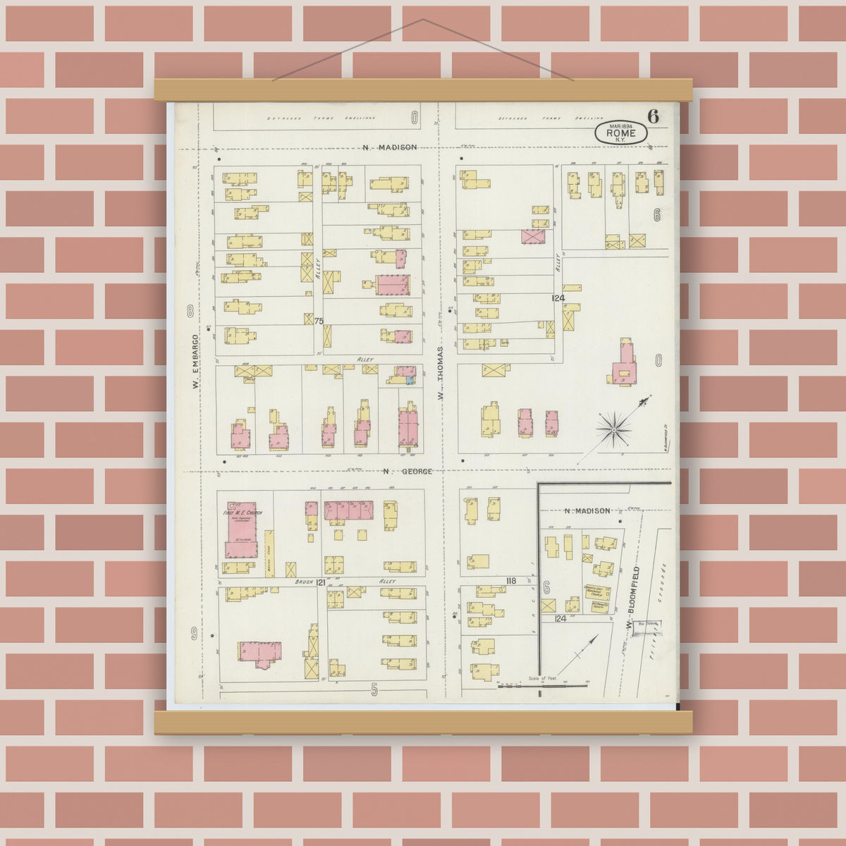 Old map wall art mockup — magnetic wood frame on brick wall — Sanborn Fire Insurance Map from Rome, Oneida County, New York (1894), Sheet #0006