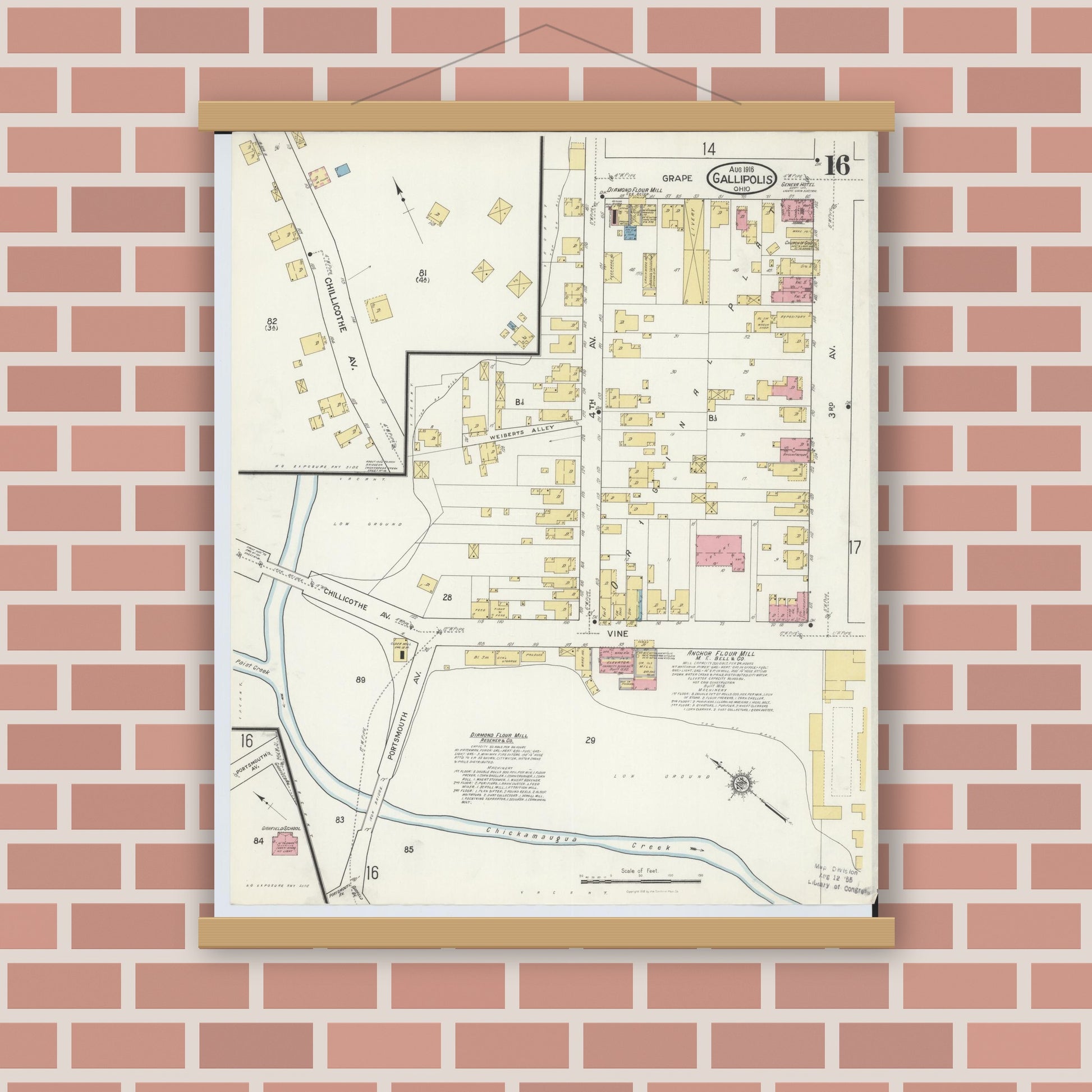 Old map wall art mockup — magnetic wood frame on brick wall — Sanborn Fire Insurance Map from Gallipolis, Gallia County, Ohio (1916), Sheet #0016