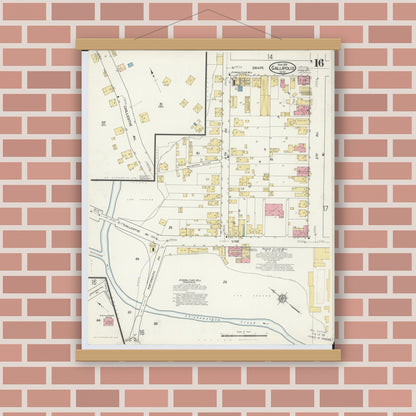 Old map wall art mockup — magnetic wood frame on brick wall — Sanborn Fire Insurance Map from Gallipolis, Gallia County, Ohio (1916), Sheet #0016
