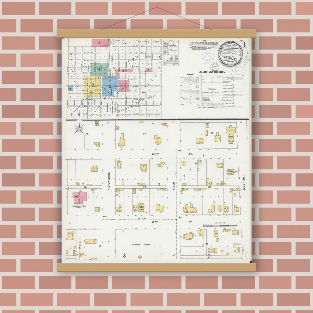 Old map wall art mockup — magnetic wood frame on brick wall — Sanborn Fire Insurance Map from El Paso, Woodford County, Illinois (1898) - Complete Map Set