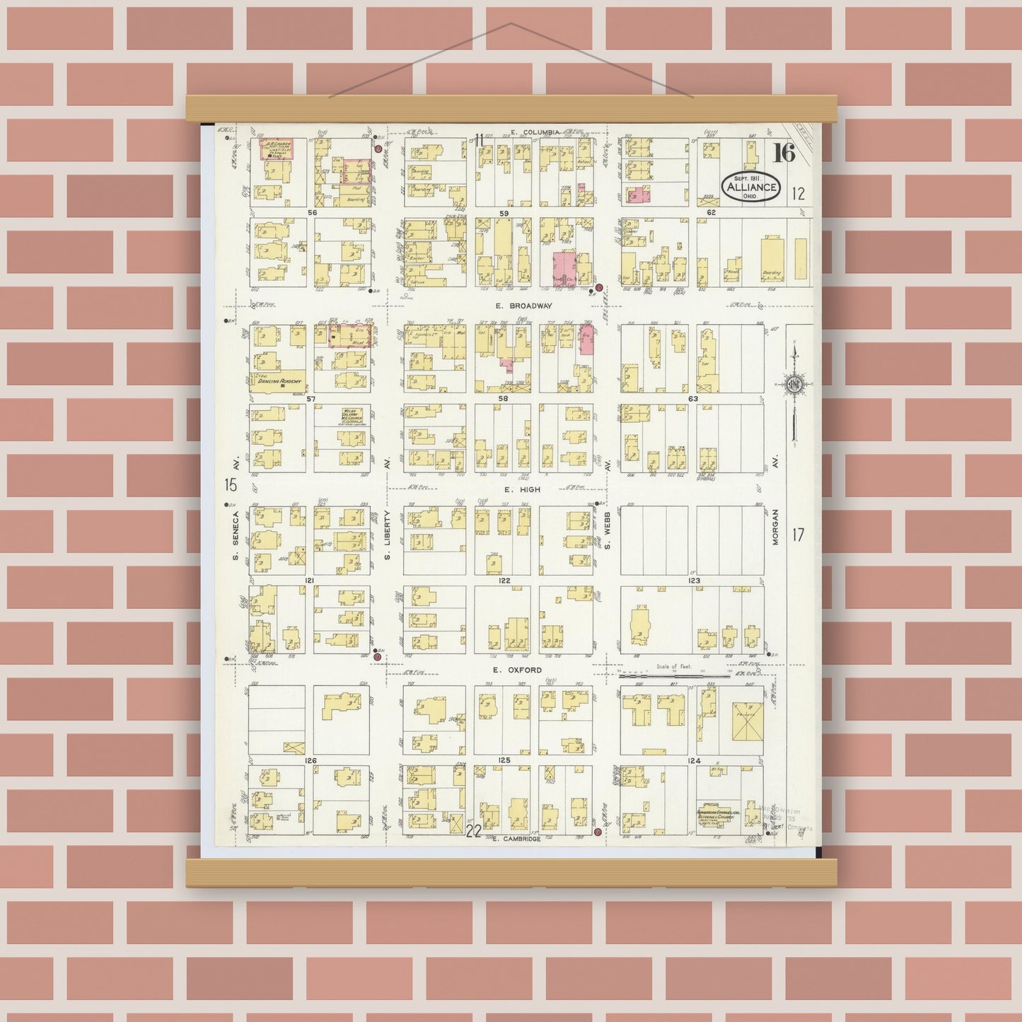 Old map wall art mockup — magnetic wood frame on brick wall — Sanborn Fire Insurance Map from Alliance, Stark County, Ohio (1911), Sheet #0016