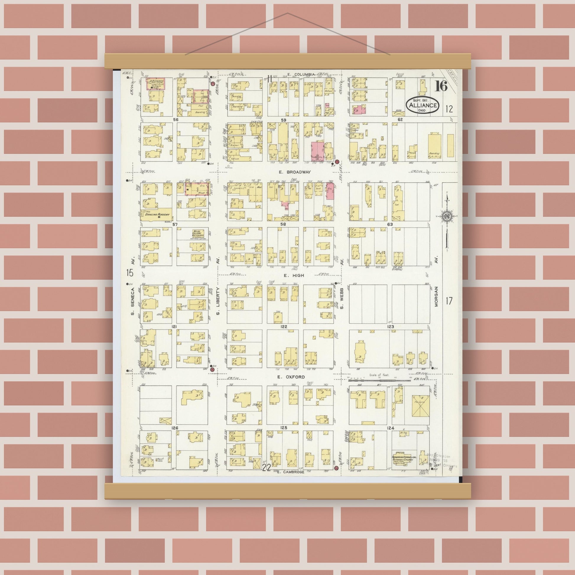 Old map wall art mockup — magnetic wood frame on brick wall — Sanborn Fire Insurance Map from Alliance, Stark County, Ohio (1911), Sheet #0016