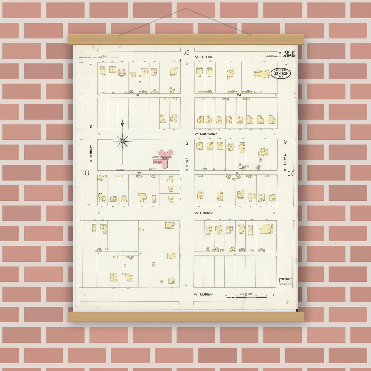 Old map wall art mockup — magnetic wood frame on brick wall — Sanborn Fire Insurance Map from Denison, Grayson County, Texas (1908), Sheet #0034