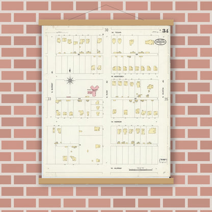 Old map wall art mockup — magnetic wood frame on brick wall — Sanborn Fire Insurance Map from Denison, Grayson County, Texas (1908), Sheet #0034