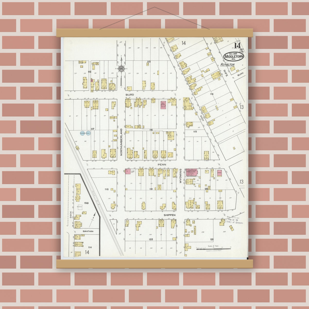 Old map wall art mockup — magnetic wood frame on brick wall — Sanborn Fire Insurance Map from Middletown, Dauphin County, Pennsylvania (1920), Sheet #0014
