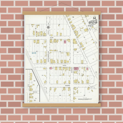 Old map wall art mockup — magnetic wood frame on brick wall — Sanborn Fire Insurance Map from Middletown, Dauphin County, Pennsylvania (1920), Sheet #0014