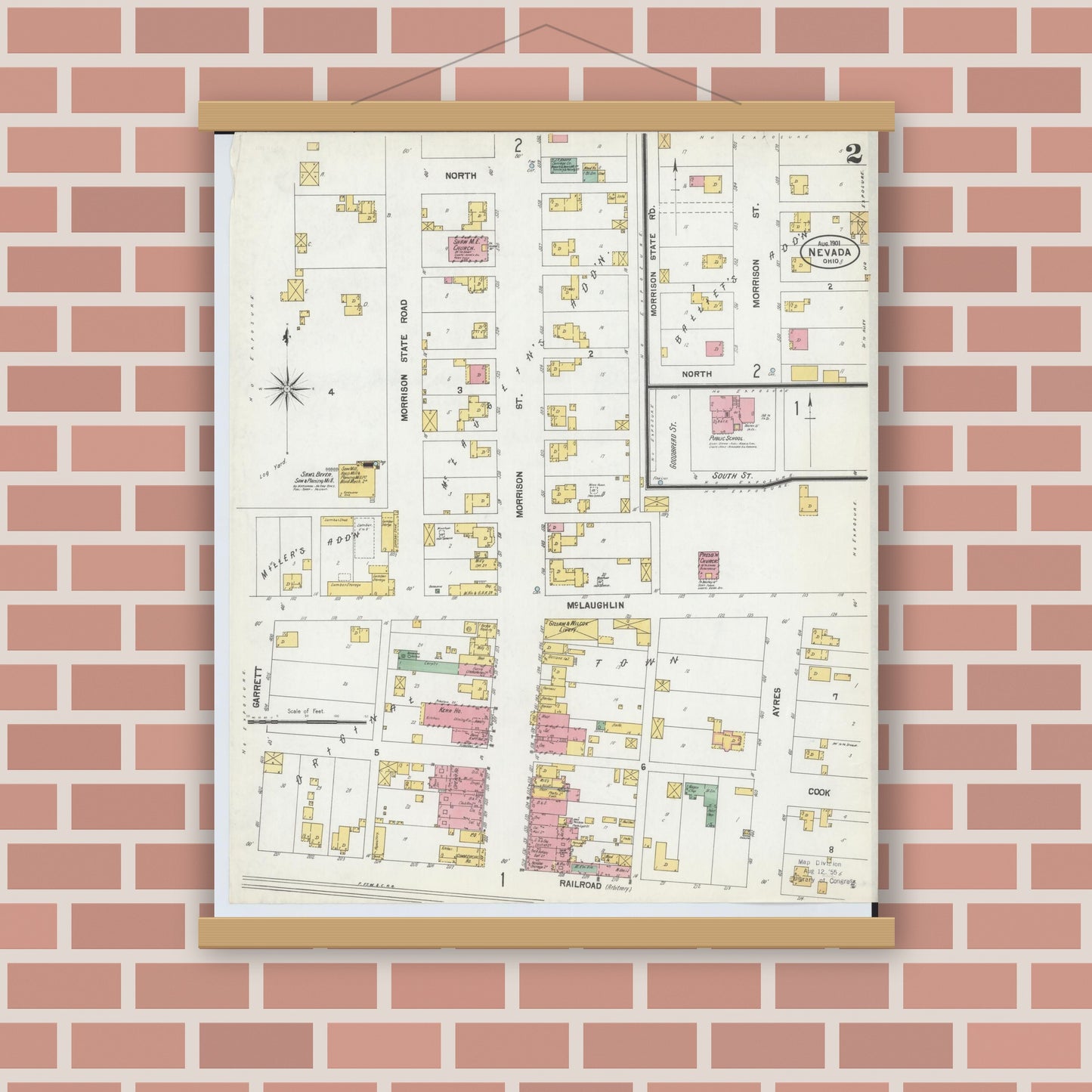 Old map wall art mockup — magnetic wood frame on brick wall — Sanborn Fire Insurance Map from Nevada, Wyandot County, Ohio (1901), Sheet #0002