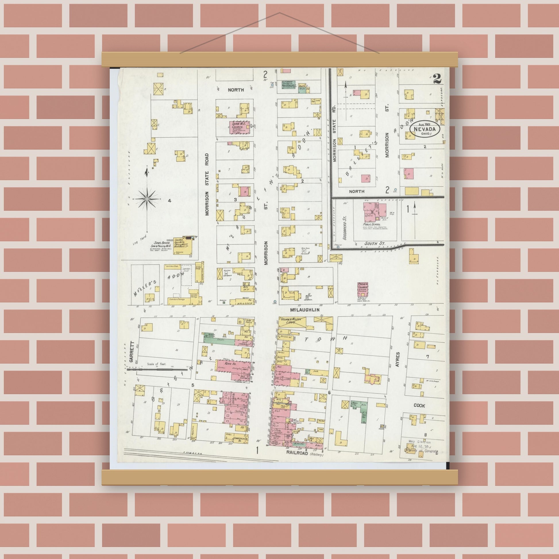 Old map wall art mockup — magnetic wood frame on brick wall — Sanborn Fire Insurance Map from Nevada, Wyandot County, Ohio (1901), Sheet #0002