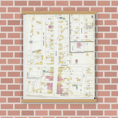 Old map wall art mockup — magnetic wood frame on brick wall — Sanborn Fire Insurance Map from Nevada, Wyandot County, Ohio (1901), Sheet #0002
