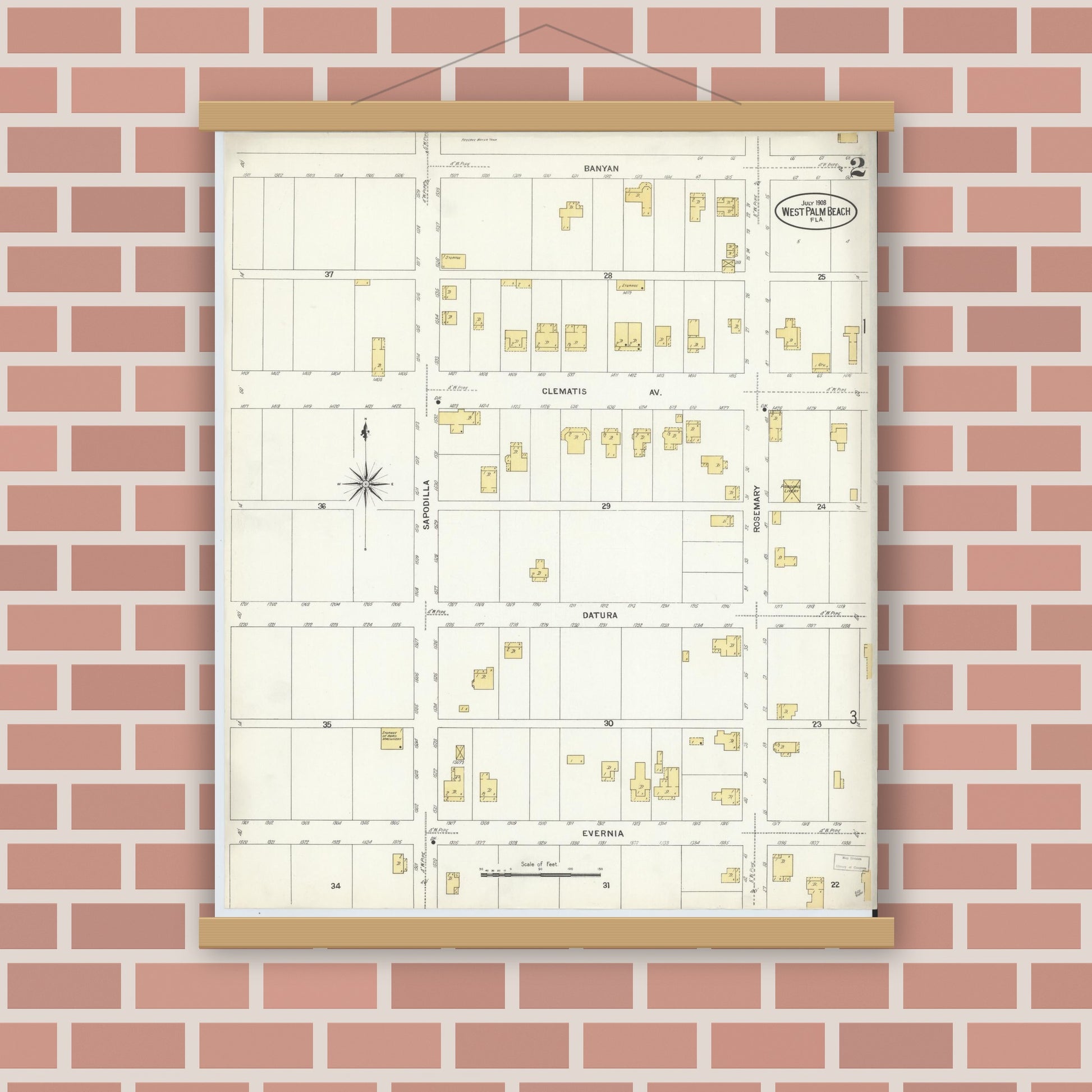 Old map wall art mockup — magnetic wood frame on brick wall — Sanborn Fire Insurance Map from West Palm Beach, Dade County, Florida (1908), Sheet #0002