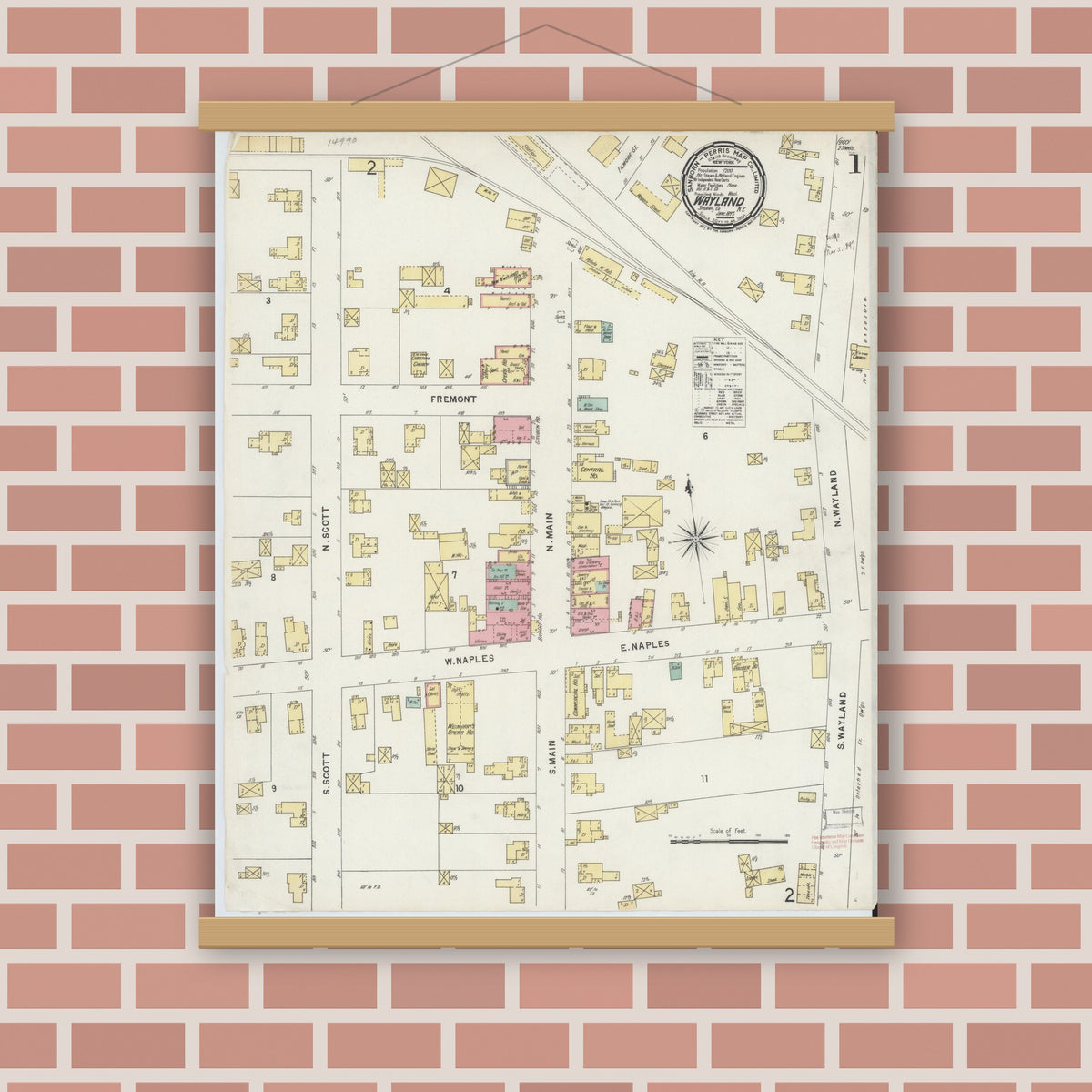 Old map wall art mockup — magnetic wood frame on brick wall — Sanborn Fire Insurance Map from Wayland, Steuben County, New York (1897) - Complete Map Set