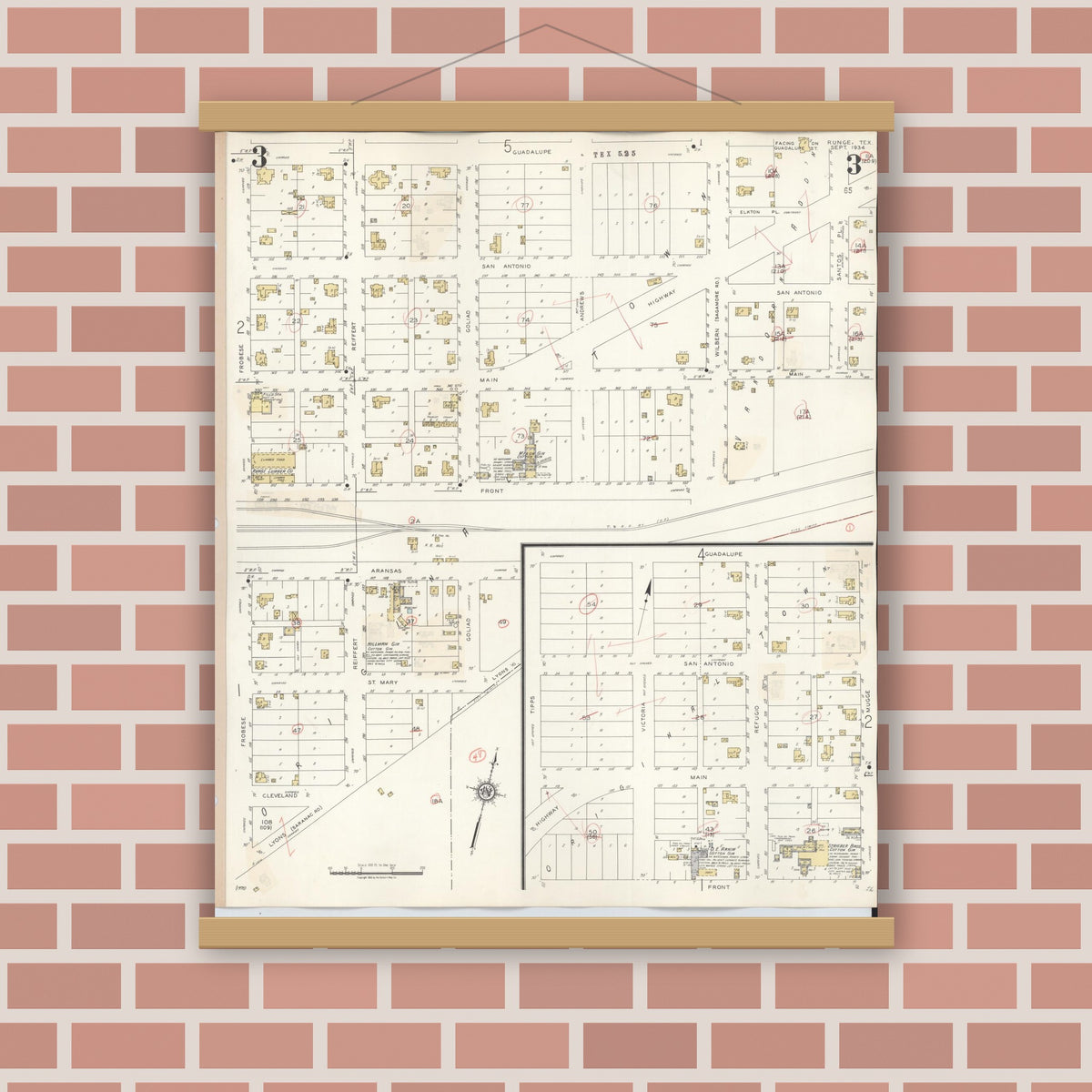 Old map wall art mockup — magnetic wood frame on brick wall — Sanborn Fire Insurance Map from Runge, Karnes County, Texas (1944), Sheet #0003