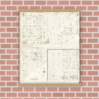 Old map wall art mockup — magnetic wood frame on brick wall — Sanborn Fire Insurance Map from Runge, Karnes County, Texas (1944), Sheet #0003