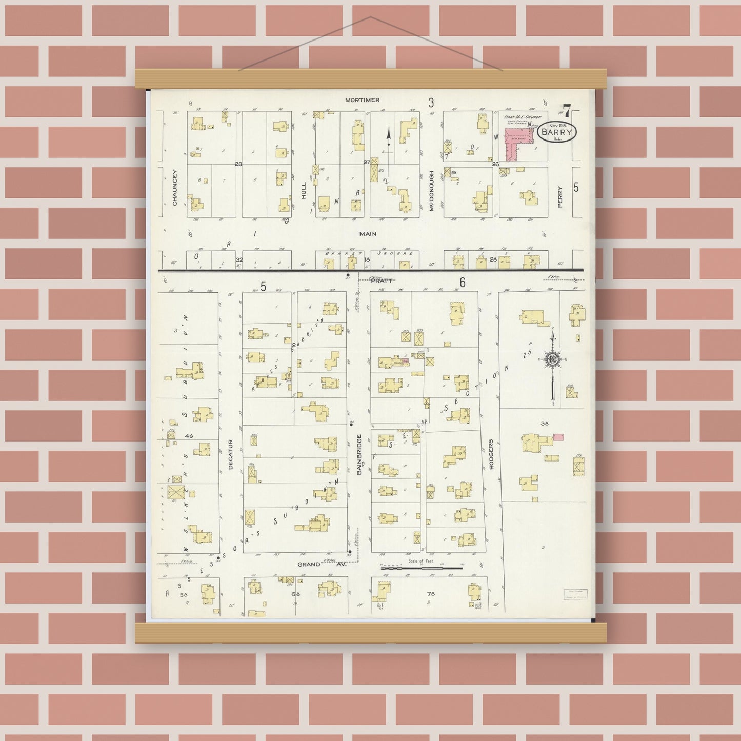 Old map wall art mockup — magnetic wood frame on brick wall — Sanborn Fire Insurance Map from Barry, Pike County, Illinois (1913), Sheet #0007