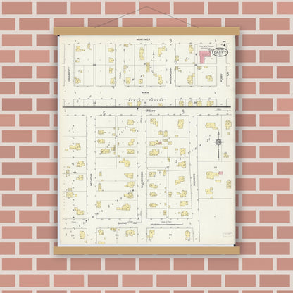 Old map wall art mockup — magnetic wood frame on brick wall — Sanborn Fire Insurance Map from Barry, Pike County, Illinois (1913), Sheet #0007