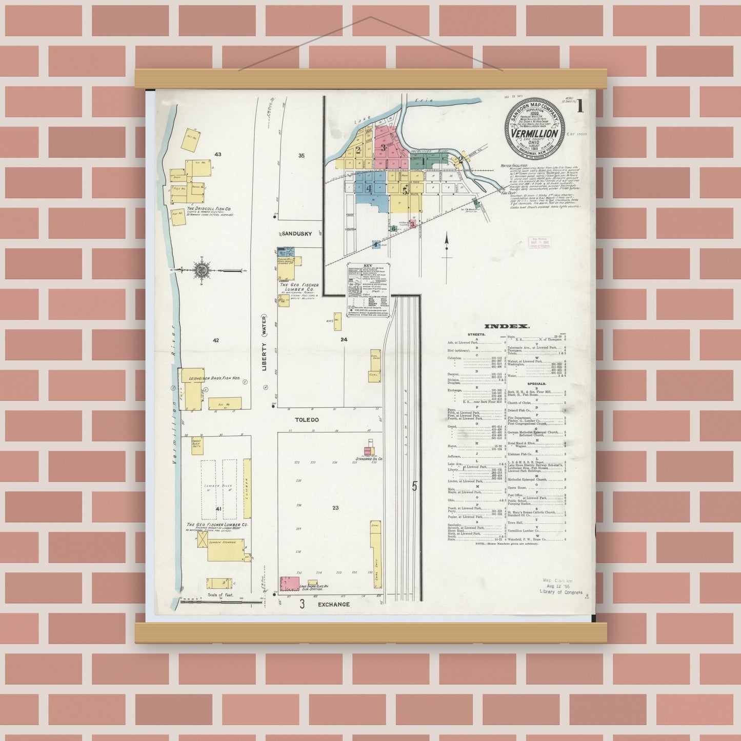 Old map wall art mockup — magnetic wood frame on brick wall — Sanborn Fire Insurance Map from Vermillion, Erie County, Ohio (1911), Sheet #0001