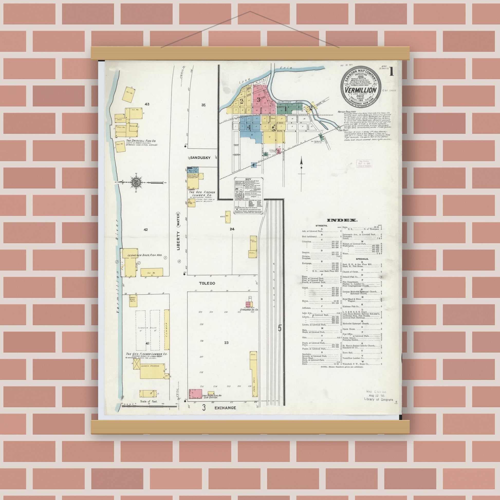 Old map wall art mockup — magnetic wood frame on brick wall — Sanborn Fire Insurance Map from Vermillion, Erie County, Ohio (1911), Sheet #0001