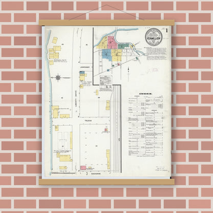 Old map wall art mockup — magnetic wood frame on brick wall — Sanborn Fire Insurance Map from Vermillion, Erie County, Ohio (1911), Sheet #0001
