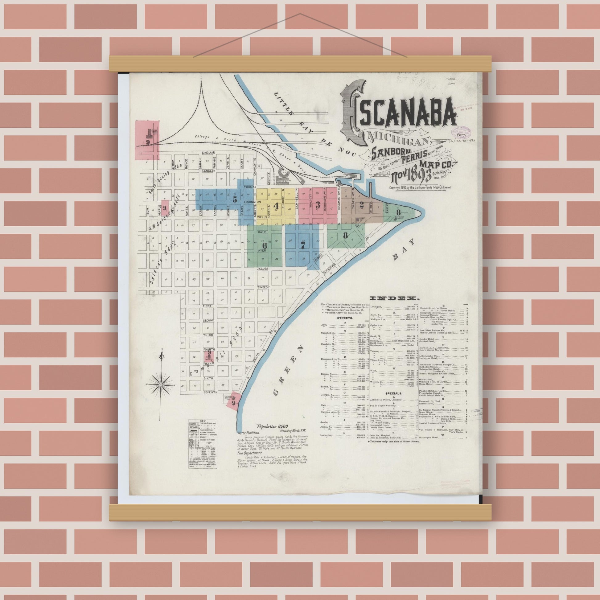 Old map wall art mockup — magnetic wood frame on brick wall — Sanborn Fire Insurance Map from Escanaba, Delta County, Michigan (1893) - Complete Map Set